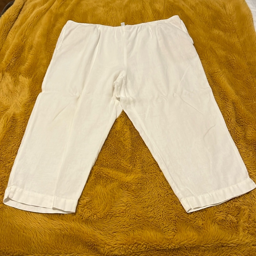 XL GUC White Linen Pure Jill Pants 23” Inseam Elastic Waist w/front pockets - Picture 2 of 6